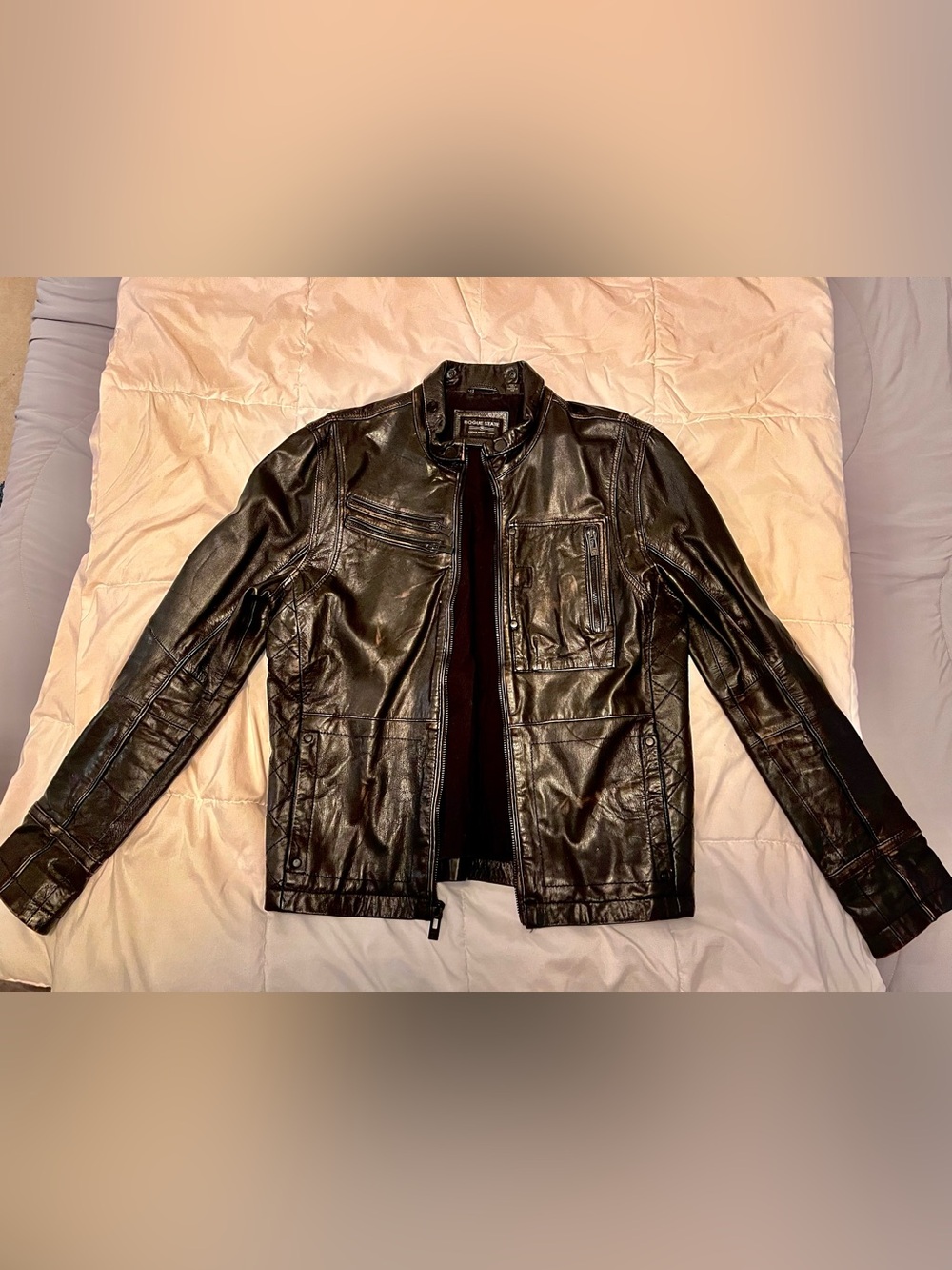 Rogue State Men's Black Leather Jacket LG - Classic Moto Style